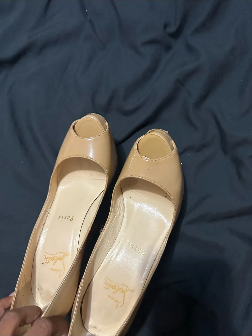 Christian Louboutin Lady Peep Size 36 1/2 Beige Patent Leather Peep Toe Pumps